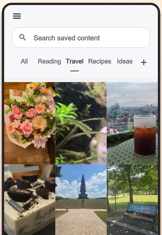 Filtering saved items by the Travel category in I'll Save It